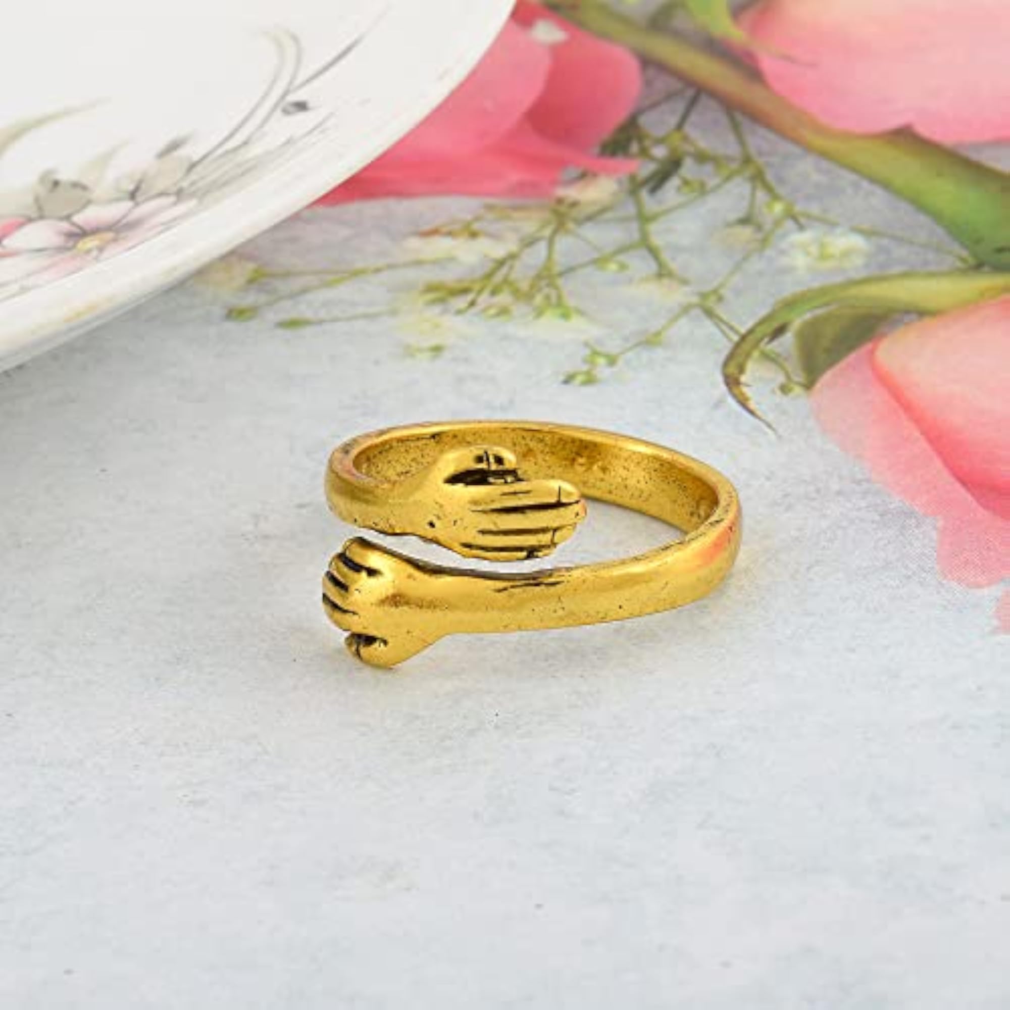 Gold Plated Brass Hand Style Hug Embrace Ring